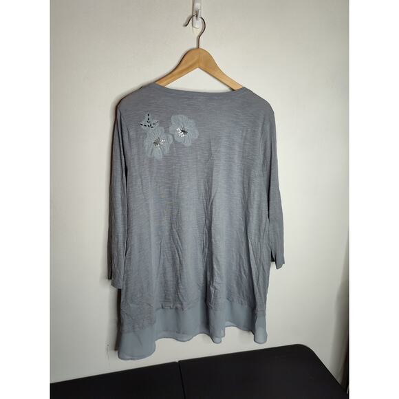 LOGO by Lori Goldstein Floral Embellished Slate Blue Tunic Sheer contrast L - Picture 3 of 7